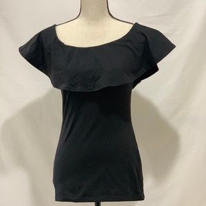 Women's Black Boat-Neck ruffled Top S